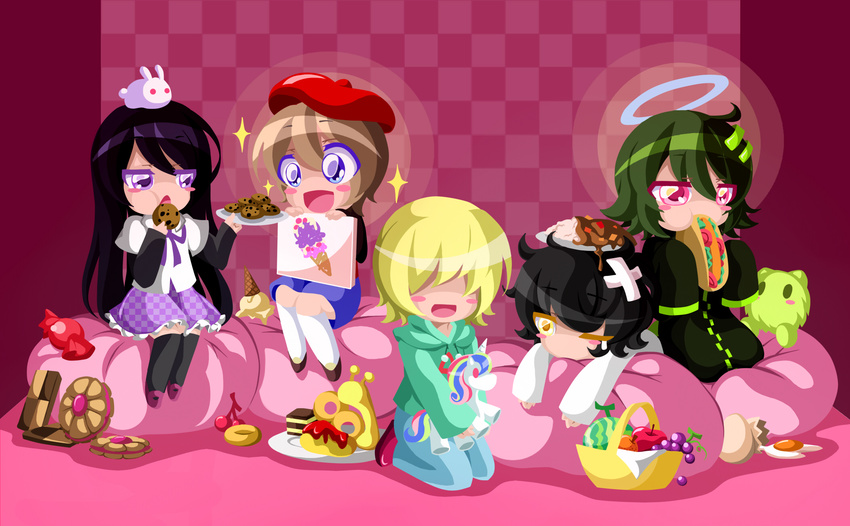 a_(nostalgic) androgynous answered_prayers bandaid bean_bag_chair beret black_hair blonde_hair blue_eyes blush_stickers broken_egg brown_hair bunny cameo candy celestia_(my_little_pony) character_request cookie copyright_request drawing dreamarbleng egg fluorette food food_on_head fruit gaida glitter green_hair halo hat highres ice_cream ice_cream_cone irotsuki kamitsuki_(yume_shousen_mousou) kneeling lying multiple_girls my_little_pony nostalgic object_on_head on_stomach pink_eyes seiza sitting sleeves_past_wrists sometsuki ultraviolet years yellow_eyes yume_shousen_mousou