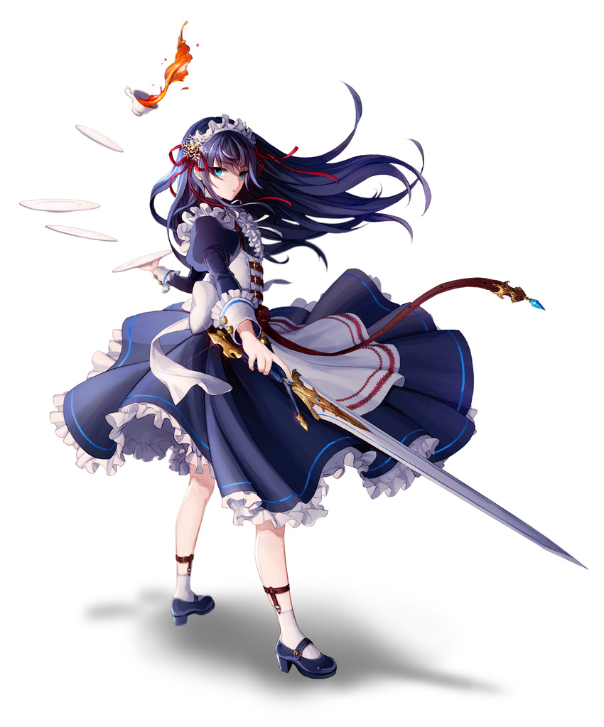 absurdres blue_eyes blue_hair blurry cup depth_of_field dress frills from_side full_body hair_ornament hair_ribbon highres long_hair looking_at_viewer maid maid_headdress official_art original plate ribbon snowflake_hair_ornament solo standing sword teacup weapon wind yuri_(anachronic)