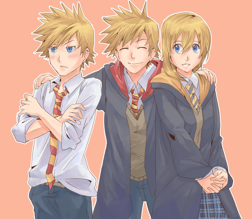 2boys blonde_hair blue_eyes breasts cosplay fare harry_potter highres hogwarts_school_uniform kingdom_hearts kingdom_hearts_birth_by_sleep kingdom_hearts_ii medium_hair multiple_boys namine roxas smile ventus