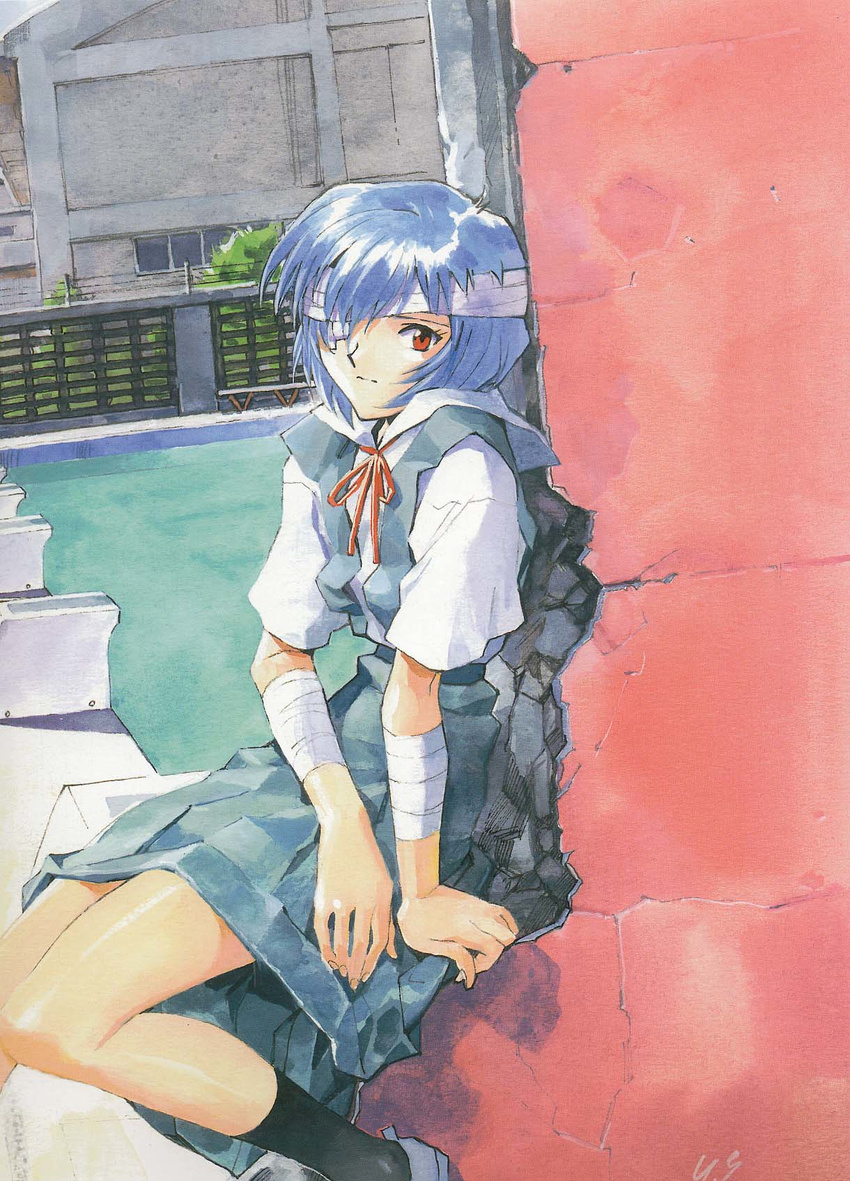 1girl ayanami_rei bandage blue_hair highres neon_genesis_evangelion official_art red_eyes school_uniform solo