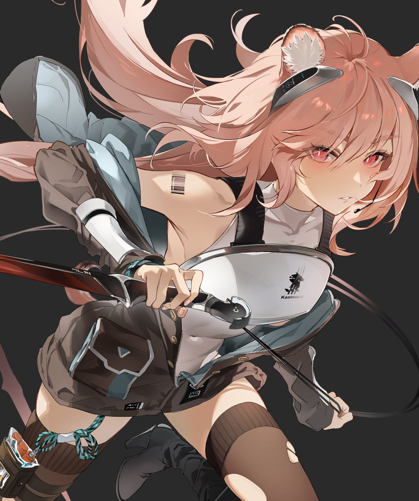1girl animal_ear_fluff animal_ears arknights armor barcode barcode_tattoo bare_shoulders breastplate bright_pupils earpiece gravel_(arknights) guardless_sword highres holding holding_sword holding_weapon kingdom_of_kazimierz_logo leotard long_hair partial_bodysuit partially_unzipped piano_wire pink_hair prairie_dog_ears prairie_dog_girl prairie_dog_tail shoulder_tattoo simple_background standing standing_on_one_leg sword tattoo thighhighs torn_clothes torn_thighhighs weapon white_leotard yuuki_uyu