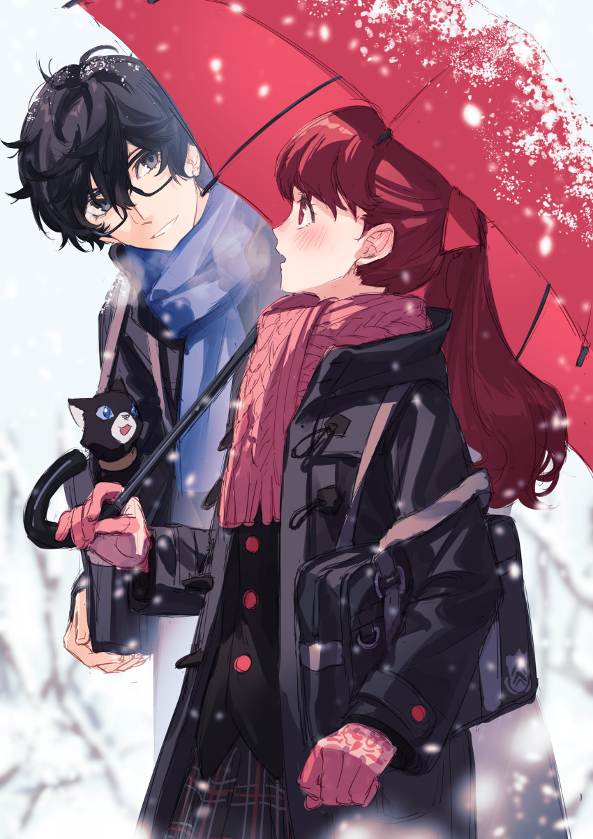 1boy 1girl absurdres amamiya_ren animal bag black-framed_eyewear black_bag black_cat black_eyes black_hair black_jacket blush buttons cat glasses gloves grin hair_between_eyes hair_ribbon highres jacket long_sleeves looking_at_another morgana_(persona_5) persona persona_5 persona_5_the_royal pink_gloves plaid plaid_skirt ponytail profile red_eyes red_hair red_ribbon red_scarf ribbon scarf school_bag skirt smile snow snowing tsubsa_syaoin yoshizawa_kasumi