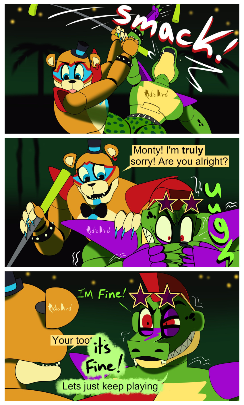 absurd_res accident animatronic bear blep comic crocodile crocodilian crocodylid dialogue english_text eyewear five_nights_at_freddy's five_nights_at_freddy's:_security_breach glamrock_freddy_(fnaf) golf hi_res humor machine male mammal montgomery_gator_(fnaf) reptile ridicbird robot scalie scottgames sharp_teeth steel_wool_studios sunglasses teeth text tongue tongue_out