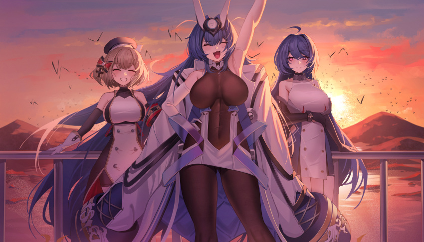 3girls :3 absurdly_long_hair absurdres ahoge arm_under_breasts arm_up armband armpits ass_visible_through_thighs azur_lane bare_shoulders beret bike_shorts bird black_gloves black_headwear blonde_hair blue_hair blush bodystocking bow breasts buttons cleavage closed_eyes closed_mouth clothing_cutout cloud cloudy_sky coat coat_on_shoulders collarbone covered_collarbone covered_navel cowboy_shot cross double-breasted dress elbow_gloves gloves gold_trim grin hair_between_eyes hair_bow hair_intakes hair_ornament hand_on_railing hat headgear helena_(azur_lane) helena_(retrofit)_(azur_lane) highres iron_cross jeze large_breasts long_hair looking_at_viewer mountainous_horizon multiple_girls new_jersey_(azur_lane) open_mouth outdoors purple_eyes railing revision see-through see-through_cleavage short_hair side_cutout sidelocks sky smile standing sunset taut_clothes taut_dress very_long_hair white_coat white_dress white_gloves z23_(azur_lane)