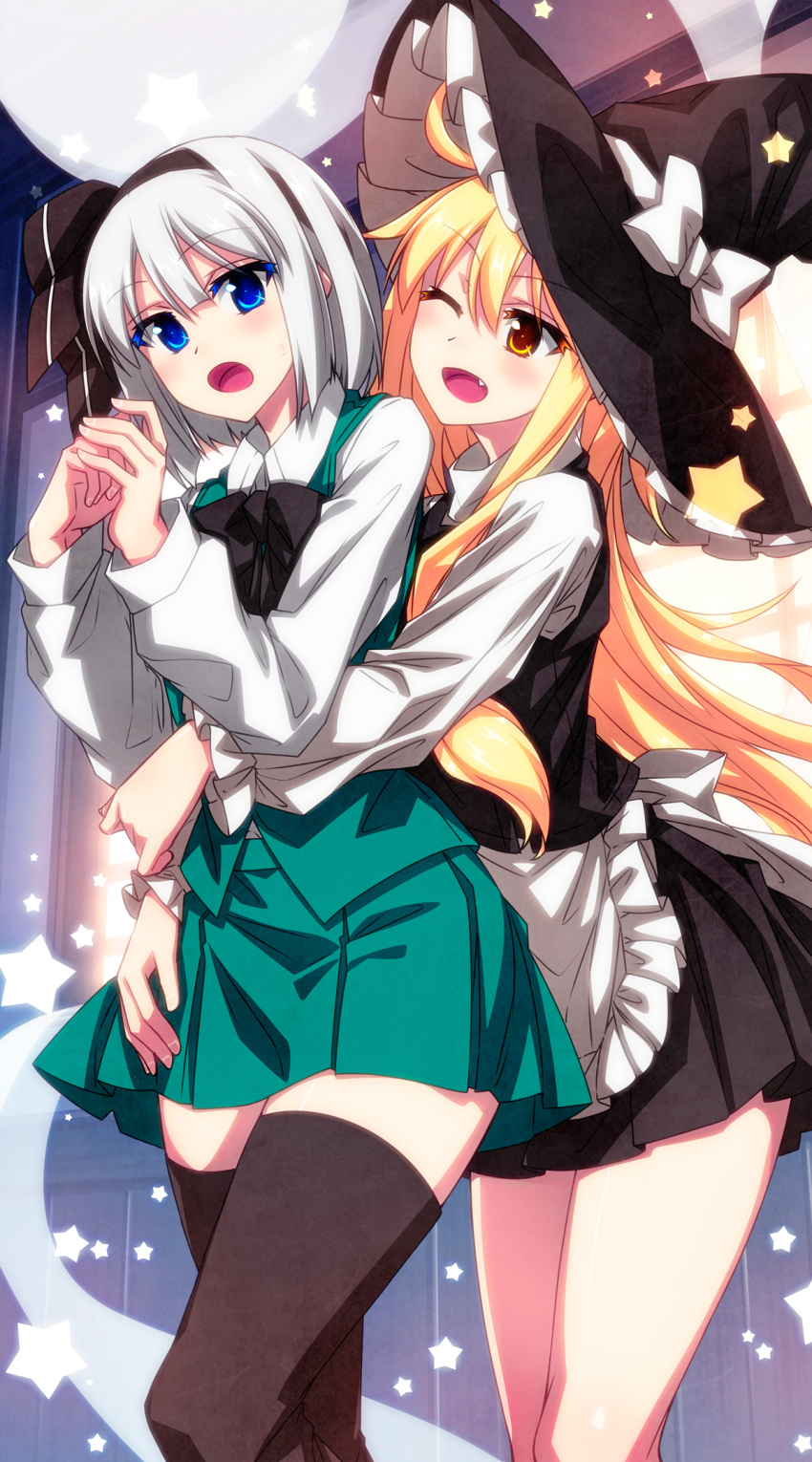 2girls :d adapted_costume ahoge apron black_hairband black_ribbon black_thighhighs black_vest blonde_hair blue_eyes blush bow collared_shirt commentary_request cowboy_shot fang frilled_apron frilled_hat frilled_sleeves frills green_skirt green_vest hair_between_eyes hairband hands_on_own_chest hands_up hat hat_bow hat_ribbon highres hug hug_from_behind kirisame_marisa konpaku_youmu konpaku_youmu_(ghost) long_hair long_sleeves looking_at_another looking_at_viewer miniskirt multiple_girls neck_ribbon one_eye_closed open_mouth own_hands_together pleated_skirt puffy_sleeves ribbon sazanami_mio shirt short_hair skirt smile star_(symbol) thighhighs thighs touhou vest waist_apron white_apron white_bow white_hair white_ribbon white_shirt witch_hat yellow_eyes zettai_ryouiki