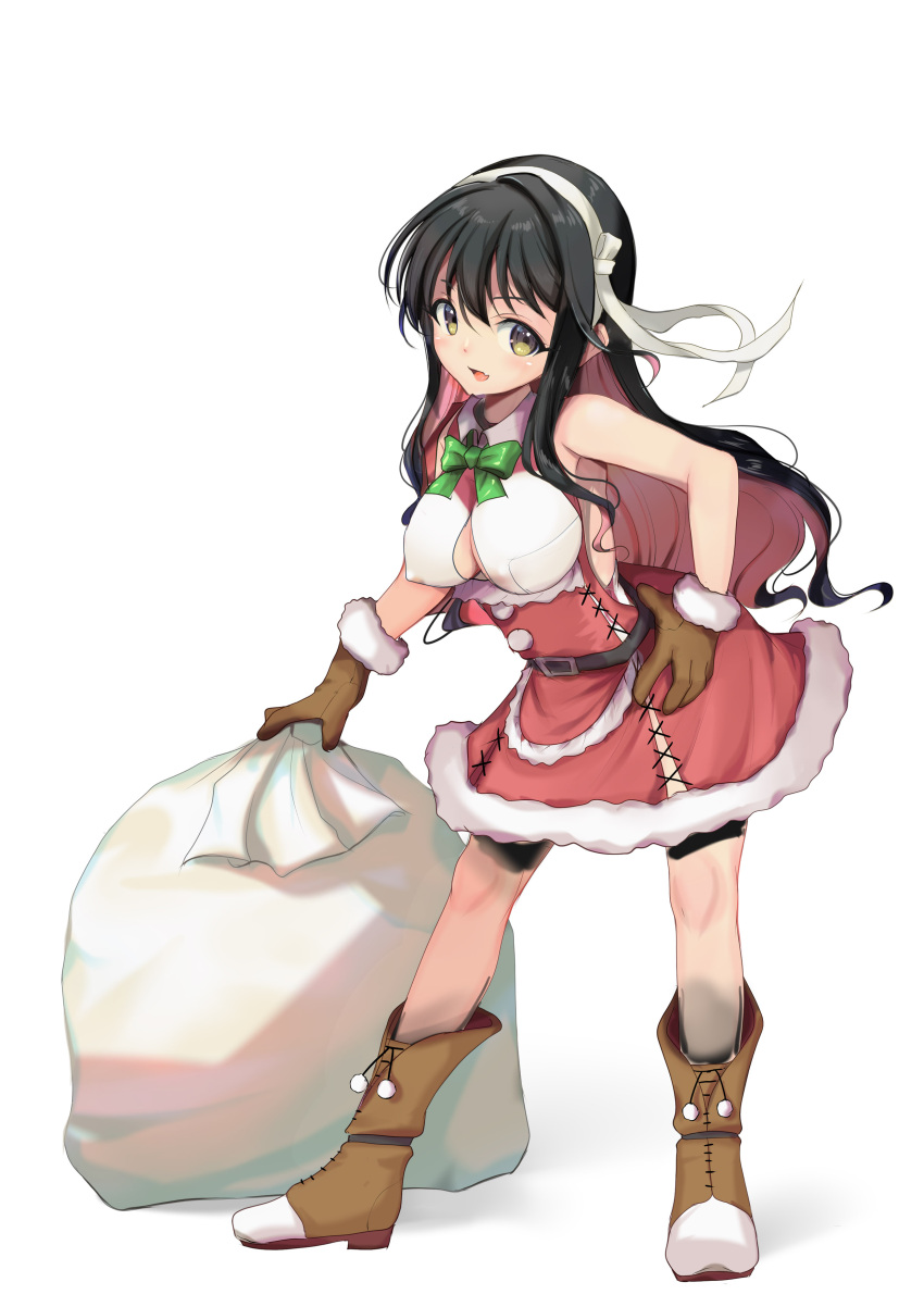 1girl absurdres alternate_costume aqua_bow aqua_bowtie black_hair black_pantyhose blush bow bowtie breasts capelet christmas cleavage dress fang fur-trimmed_capelet fur-trimmed_dress fur_trim gloves hairband hat highres kantai_collection large_breasts leotard long_hair looking_at_viewer multicolored_hair naganami_(kancolle) open_mouth pantyhose pink_hair red_capelet red_dress red_headwear sack santa_costume santa_dress santa_gloves santa_hat smile solo two-tone_hair wavy_hair white_hairband yashin_(yasinz) yellow_eyes