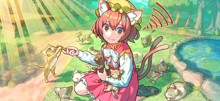 1girl animal animal_ear_fluff animal_ears black_footwear bow bowtie brown_eyes brown_hair building cat cat_ears cat_tail chen cloud day dress fang grass green_headwear hair_between_eyes hat holding holding_animal holding_cat holding_stick light_rays lily_pad long_sleeves looking_at_viewer mob_cap multiple_tails nobile1031 non-web_source official_art outdoors path red_dress second-party_source shirt shoes short_hair skin_fang sky sleeve_cuffs sleeveless sleeveless_dress solo squiggle stick tail too_many too_many_cats touhou touhou_gensou_eclipse tree two_tails wavy_mouth white_bow white_bowtie white_shirt yellow_bow