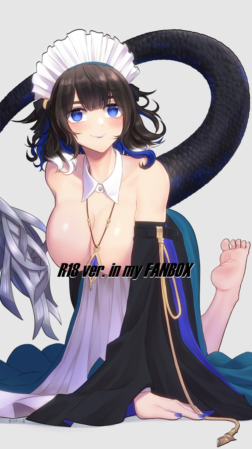 1girl arknights arm_support bare_shoulders barefoot black_hair blue_eyes blue_hair blue_lips blue_nails breasts breasts_out censored censored_nipples cleavage commentary_request detached_collar detached_sleeves dress feet grey_background highres jewelry kjera_(arknights) kjera_(ingenious_servant)_(arknights) large_breasts long_sleeves looking_at_viewer maid maid_headdress multicolored_hair nail_polish official_alternate_costume pendant simple_background smile soles solo strapless strapless_dress tail toes variant_set white_dress wide_sleeves yamauchi_(conan-comy)