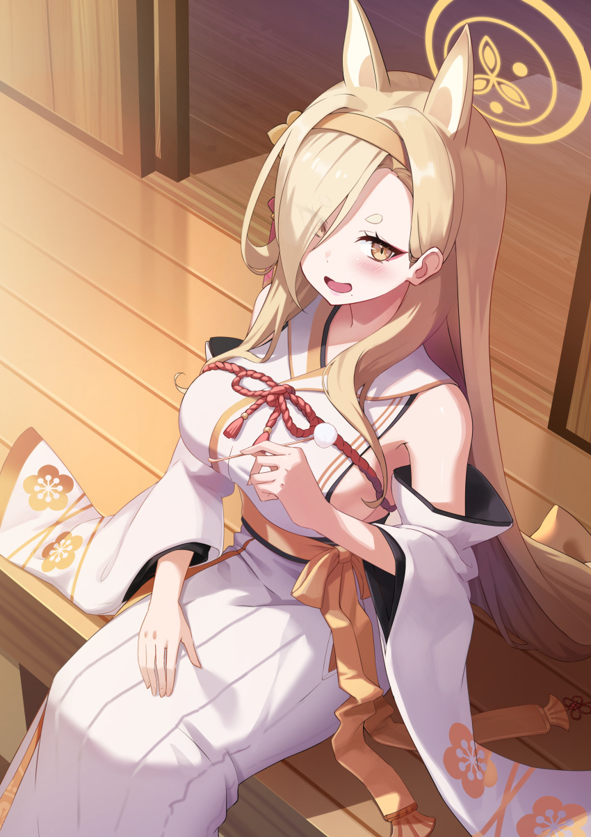 1girl absurdres animal_ears bare_shoulders blonde_hair blue_archive blush breasts detached_sleeves fox_ears hair_over_one_eye hakama halo highres japanese_clothes kaho_(blue_archive) kimono large_breasts long_hair looking_at_viewer mole mole_under_mouth open_mouth shinori_(efvbji6264) sideboob sitting smile solo veranda white_hakama white_kimono white_sleeves wide_sleeves yellow_eyes yellow_halo