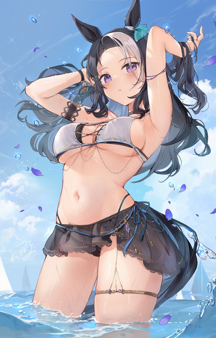 1girl animal_ears armpits arms_up bare_shoulders bikini black_bikini black_bikini_bottom black_hair black_skirt blue_sky blush cloud cloudy_sky commentary cross-laced_bikini cross-laced_clothes ear_ornament falling_petals highres horse_ears horse_girl horse_tail kita_(kitairoha) long_hair looking_at_viewer mejiro_ramonu_(umamusume) multicolored_hair navel outdoors parted_bangs petals purple_eyes signature skirt sky solo stomach streaked_hair swimsuit tail thick_thighs thigh_strap thighs two-tone_hair umamusume wading white_bikini white_hair