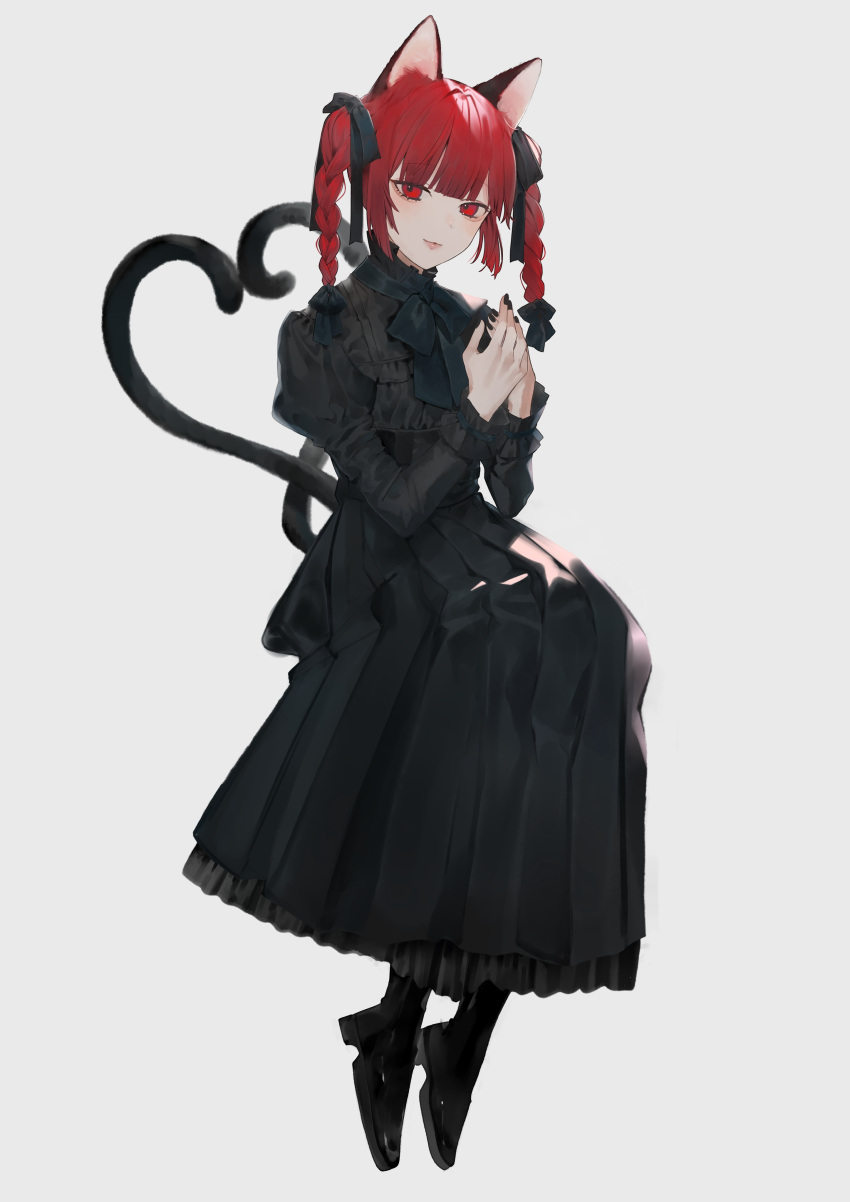 1girl absurdres animal_ears black_dress black_footwear black_nails braid cat_ears cat_girl cat_tail daimaou_ruaeru dress grey_background highres kaenbyou_rin long_sleeves multiple_tails red_eyes red_hair solo tail touhou twin_braids