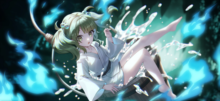 1girl :o barefoot blue_fire blush bucket fire green_eyes green_hair hair_bobbles hair_ornament in_bucket in_container japanese_clothes kimono kisume long_sleeves looking_at_viewer non-web_source official_art open_mouth raised_eyebrows second-party_source solo teeth touhou touhou_gensou_eclipse twintails u_u_zan upper_teeth_only water white_kimono wide_sleeves