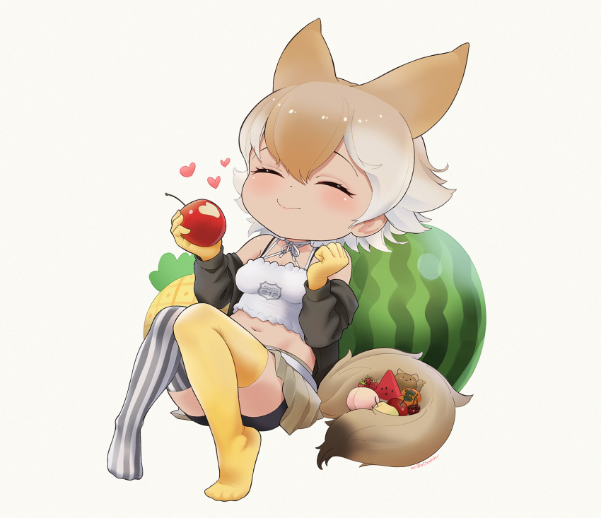 1girl animal_ears apple asymmetrical_legwear bare_shoulders beleven black_jacket black_thighhighs blush cherry choker closed_eyes coyopotato coyote_(kemono_friends) crop_top extra_ears food fruit gloves hair_between_eyes highres jacket kemono_friends kemono_friends_v_project light_brown_hair long_sleeves midriff multicolored_hair navel no_shoes orange_hair peach pear pineapple shirt short_hair sidelocks sitting solo spaghetti_strap strawberry striped striped_thighhighs tail thighhighs two-tone_thighhighs vertical-striped_thighhighs vertical_stripes watermelon white_choker white_hair white_shirt white_thighhighs wolf_ears wolf_girl wolf_tail yellow_gloves yellow_thighhighs