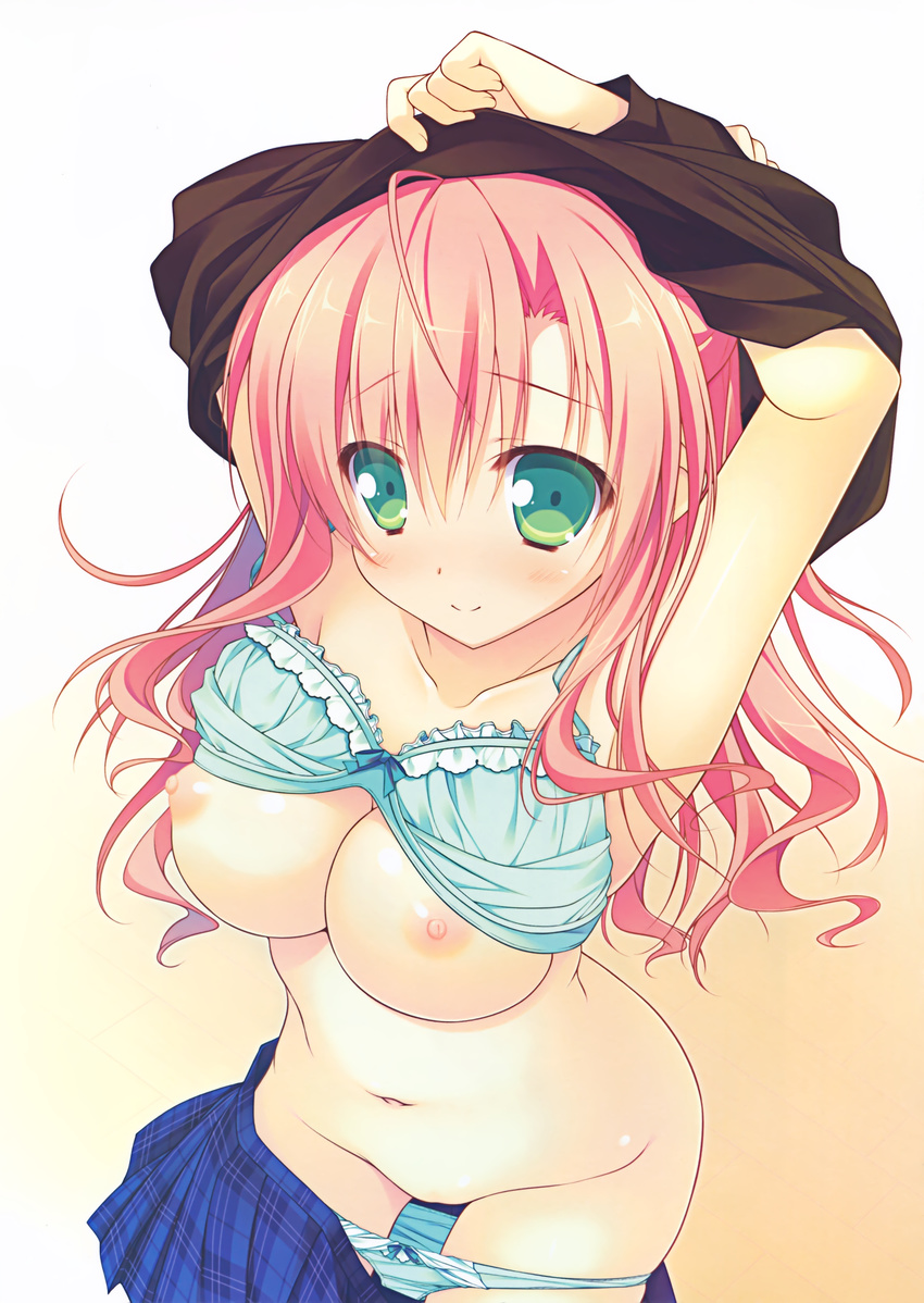 absurdres arms_up blue_bra blue_panties bow bow_bra bow_panties bra bra_lift breasts chikotam clover_days green_eyes highres large_breasts nipples panties panty_pull pink_hair rindo_tsubame shirt_lift skirt skirt_pull smile underwear undressing