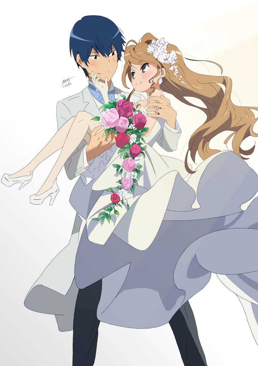 absurdres aisaka_taiga blue_hair bouquet brown_eyes brown_hair carrying couple derivative_work dress feet_out_of_frame hetero highres husband_and_wife jacket jewelry long_hair naeezeal princess_carry ring short_hair signature smile spoilers suit takasu_ryuuji toradora! wedding_dress wedding_ring white_background white_dress white_jacket