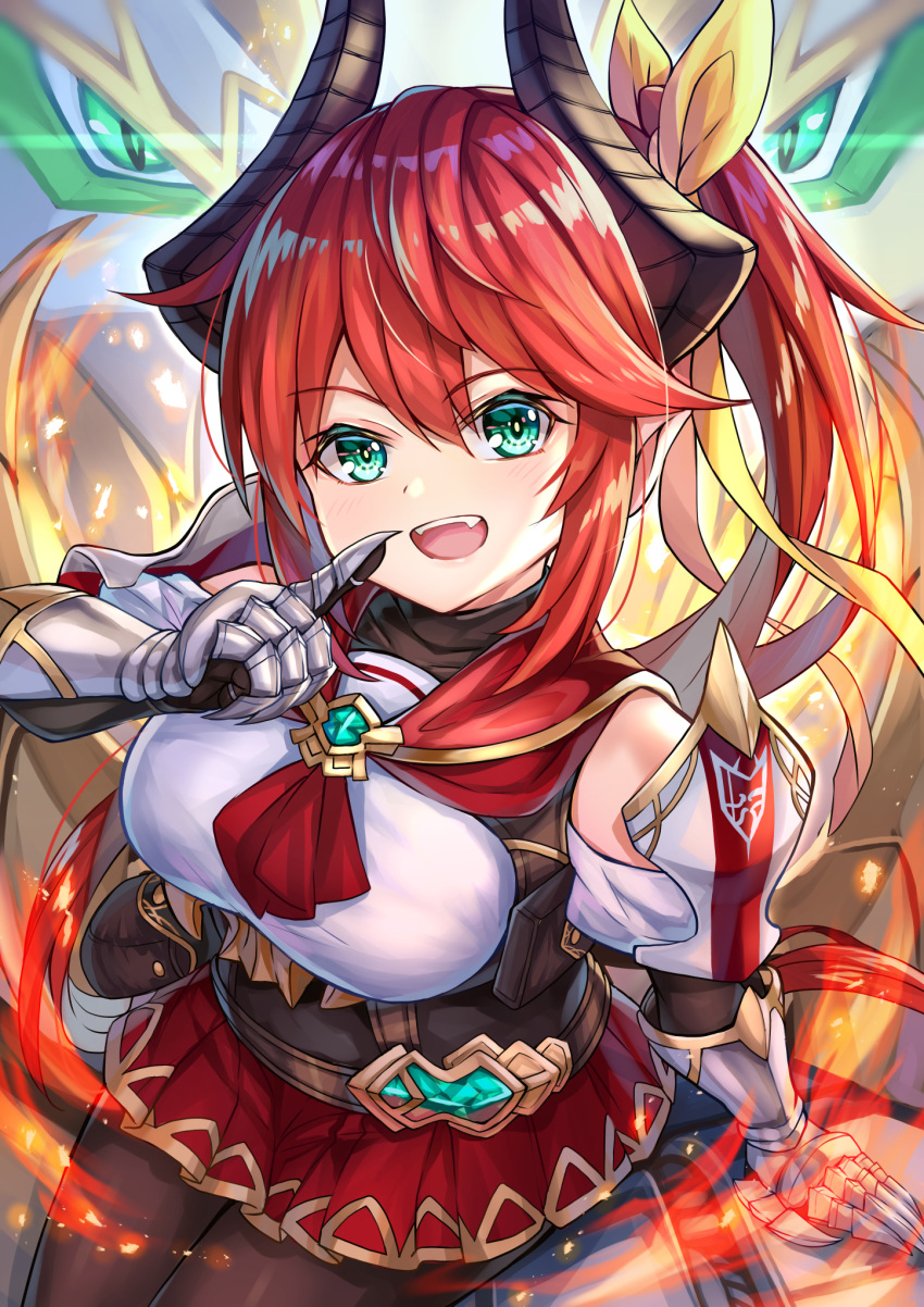 1girl 1other akami770 aqua_eyes arm_support armlet armor belt belt_buckle belt_pouch breasts brown_pantyhose buckle cowboy_shot dragon dragon_girl dragon_horns fangs fire from_above gauntlets gold_trim hair_between_eyes hair_ornament hair_ribbon high_ponytail highres horns large_breasts long_hair looking_at_viewer miniskirt open_mouth pantyhose pleated_skirt pointy_ears ponytail pouch red_hair red_skirt ribbon rola_(shadowverse) sailor_collar shadowverse sitting skirt solo_focus teeth tongue upper_teeth_only