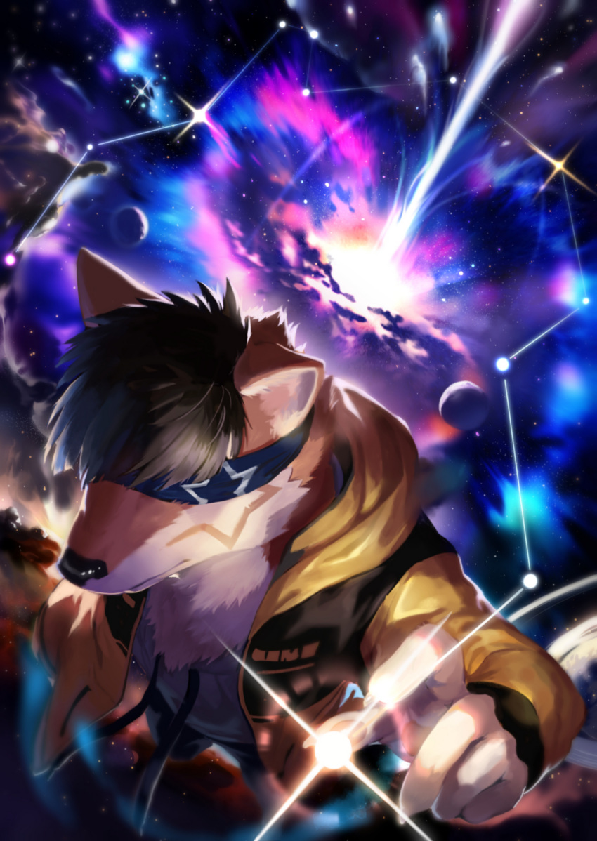 anthro black_hair black_nose canid clothed clothing cosmic_background fur grey_clothing grey_topwear hair hi_res jacket male mammal mouth_closed obscured_eyes orange_body orange_fur short_hair solo space space_background t.y.stars topwear white_body white_fur yellow_clothing yellow_jacket_(clothing) yellow_topwear