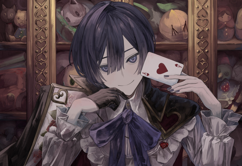 1boy absurdres black_gloves blue_eyes blue_hair blue_nails card closed_mouth commentary dark_blue_hair doll frilled_sleeves frills gloves hair_between_eyes half_gloves highres holding holding_card ill_0619 jacket jacket_on_shoulders kaito_(vocaloid) looking_at_viewer male_focus matryoshka_doll nail_polish playing_card portrait shelf shirt short_hair smile solo stuffed_toy vocaloid white_shirt