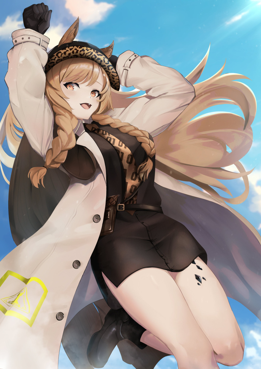 1girl absurdres arknights arms_up black_dress black_gloves black_headwear blue_sky braid brown_coat brown_eyes brown_hair ceobe_(arknights) cloud coat cosplay day dress ears_through_headwear fang girls'_frontline gloves hat highres leg_up long_hair long_sleeves looking_at_viewer open_clothes open_coat open_mouth oripathy_lesion_(arknights) outdoors p90_(girls'_frontline) p90_(girls'_frontline)_(cosplay) p90_(the_girl_from_b.e.l)_(girls'_frontline) side_braids sky solo very_long_hair yan_kodiac