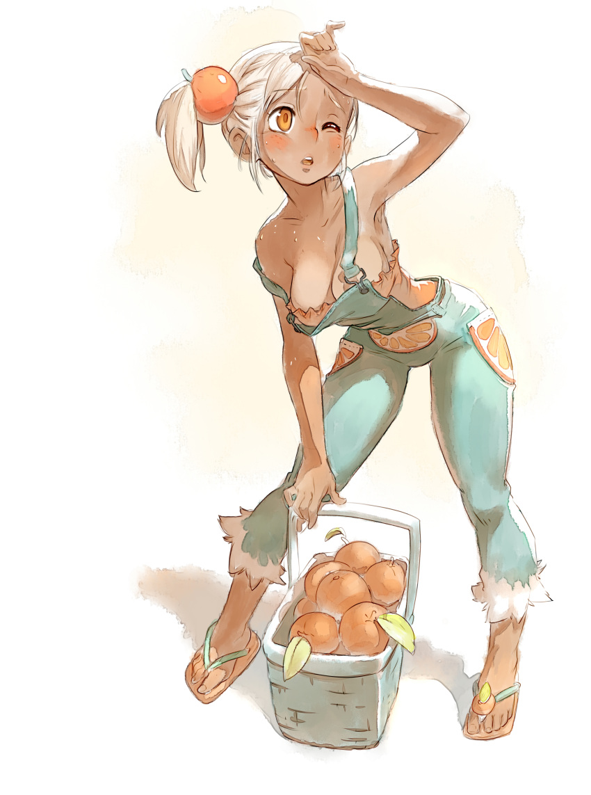 1girl absurdres arm_up bare_arms bare_shoulders basket blue_overalls breasts cleavage dark-skinned_female dark_skin food food-themed_hair_ornament fruit full_body hair_ornament highres leaning_forward legs_apart long_hair medium_breasts one_eye_closed open_mouth orange_(fruit) orange_eyes orange_hair_ornament orange_slice original overalls sandals simple_background solo standing strap_slip sweat white_hair wiping_forehead xaxaxa