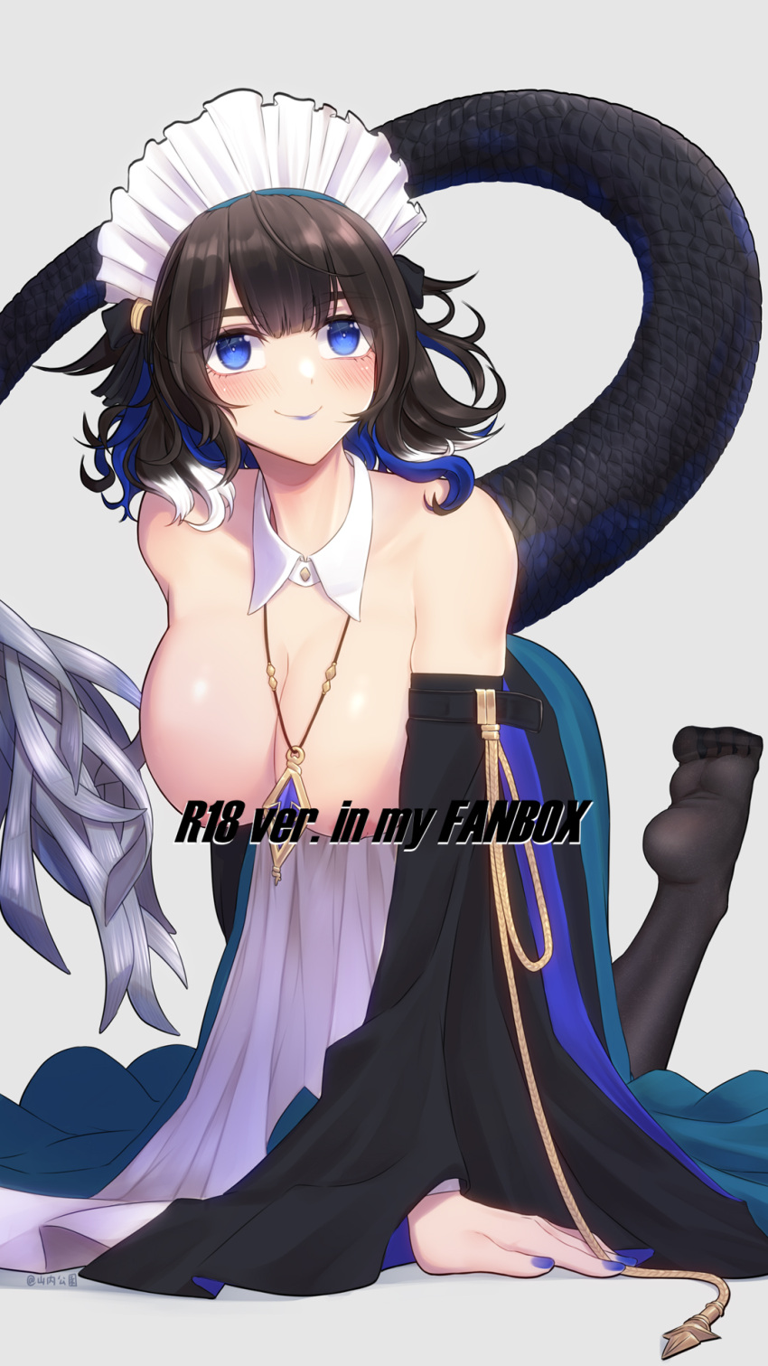1girl arknights arm_support bare_shoulders black_hair black_pantyhose blue_eyes blue_hair blue_lips blue_nails breasts breasts_out censored censored_nipples cleavage commentary_request detached_collar detached_sleeves dress feet grey_background highres jewelry kjera_(arknights) kjera_(ingenious_servant)_(arknights) large_breasts long_sleeves looking_at_viewer maid maid_headdress multicolored_hair nail_polish no_shoes official_alternate_costume pantyhose pendant simple_background smile soles solo strapless strapless_dress tail toes variant_set white_dress wide_sleeves yamauchi_(conan-comy)