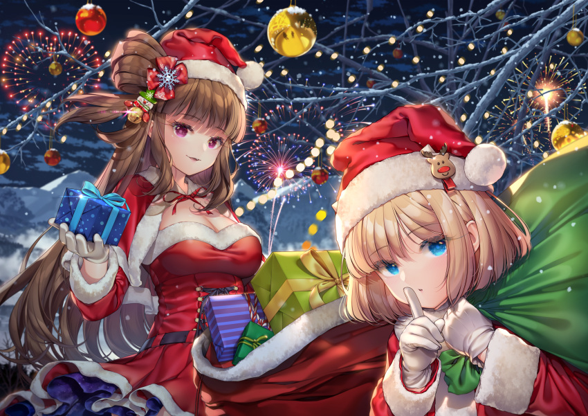 2girls absurdres agrt bag bell blonde_hair blue_eyes brown_dust_2 brown_hair christmas christmas_lights christmas_ornaments cloud dress fang feet_out_of_frame finger_to_mouth fireworks frilled_dress frills gift gloves hair_bun hat helena_(brown_dust) highres holding holding_bag holding_gift jingle_bell justia_(brown_dust) long_hair mountainous_horizon multiple_girls night night_sky purple_eyes reindeer_hair_ornament santa_capelet santa_costume santa_dress santa_hat short_hair shushing single_side_bun sky snow_on_tree tree upper_body very_long_hair winter