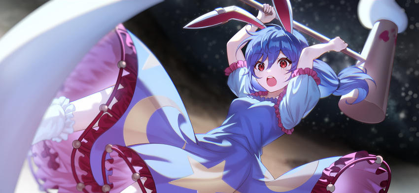 1girl :o animal_ears blue_dress blue_hair blurry blurry_background dress floating_hair food hair_between_eyes holding kine long_hair looking_ahead mallet mochi moon non-web_source official_art open_mouth rabbit_ears rabbit_girl red_eyes second-party_source seiran_(touhou) shirt short_sleeves sky sleeveless sleeveless_dress socks solo space star_(sky) starry_sky sweatdrop touhou touhou_gensou_eclipse u_u_zan upper_body white_shirt white_socks
