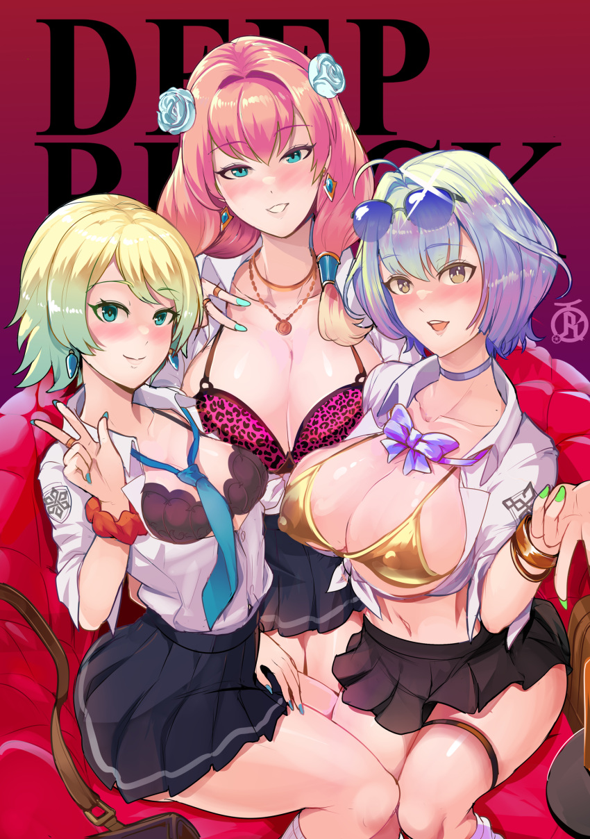 3girls alternate_costume animal_print artist_logo bag black_bra blonde_hair blue_bow blue_bowtie blue_eyes blue_gemstone blue_hair blue_nails blush bow bowtie bra breasts cleavage closed_mouth collar covered_nipples earrings english_text fire_emblem fire_emblem_heroes fjorm_(fire_emblem) flower gem gold_bra gold_bracelet gradient_background gradient_hair green_hair green_nails gunnthra_(fire_emblem) gyaru hair_flower hair_ornament hand_on_lap highres huge_breasts jewelry kneehighs large_breasts leopard_print lips long_hair long_sleeves looking_at_viewer midriff miniskirt multicolored_hair multiple_girls navel necklace open_clothes open_mouth open_shirt pink_bra pink_hair purple_hair revolverwing school_bag school_uniform scrunchie see-through see-through_shirt seidr_(fire_emblem) shirt short_hair siblings simple_background sisters skirt small_breasts smile socks sunglasses thigh_strap thighs tied_shirt tongue underwear v yellow_eyes