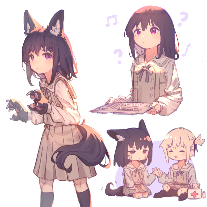 2girls ? aged_down animal_ear_fluff animal_ears animal_hands black_hair black_socks blonde_hair blush chibi chinese_commentary closed_mouth commentary_request dkl_(dinosaurkl2) dog_ears dog_girl dog_tail first_aid_kit gloves grey_skirt hair_ribbon highres indian_style inoue_takina kneehighs long_sleeves looking_at_viewer lycoris_recoil medium_hair multiple_girls multiple_views musical_note nishikigi_chisato one_side_up paw_gloves pleated_skirt purple_eyes red_ribbon ribbon sailor_collar school_uniform seiza serafuku shirt short_hair simple_background sitting skirt socks tail white_background white_sailor_collar white_shirt