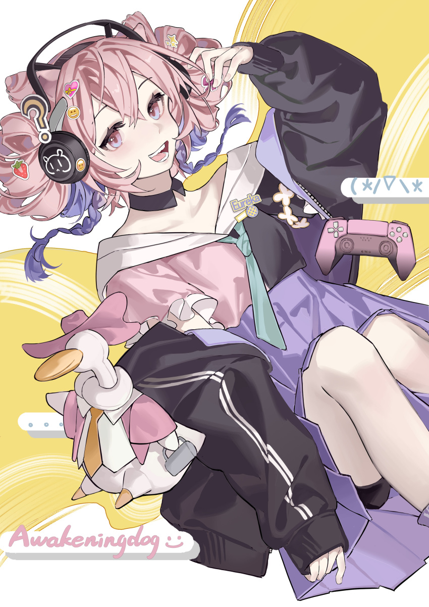 1girl ? absurdres animal_ears arknights artist_name awakeningdog black_jacket black_shirt blue_eyes cone_hair_bun controller double_bun drill_hair food fruit game_controller gradient_eyes hair_between_eyes hair_bun hand_up headset heart high-waist_skirt highres implied_extra_ears jacket long_hair long_sleeves looking_at_viewer multicolored_eyes multicolored_hair off_shoulder open_clothes open_jacket open_mouth pink_eyes pink_hair pink_shirt purple_hair purple_skirt shirt skirt smiley_face solo sticker strawberry stuffed_animal stuffed_duck stuffed_toy teeth two-tone_hair two-tone_shirt u-official_(arknights)