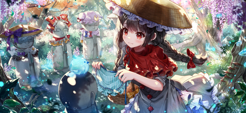 1girl :3 ajirogasa basket bird black_hair blue_bow blush bow braid bush capelet closed_mouth cosplay dress fish flower forest frilled_dress frills grass grey_dress hair_bow hakurei_reimu hakurei_reimu_(cosplay) hat hat_bow holding holding_basket jizou kirisame_marisa kirisame_marisa_(cosplay) leaf long_hair looking_at_animal mob_cap mushroom nature ninjinshiru non-web_source official_art outdoors patchouli_knowledge patchouli_knowledge_(cosplay) pink_flower pink_headwear pink_scarf purple_bow rabbit red_bow red_capelet red_eyes red_ribbon ribbon scarf second-party_source spirit touhou touhou_gensou_eclipse tree twin_braids white_scarf yatadera_narumi yellow_bow