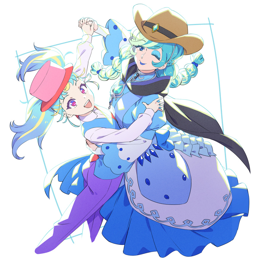 2girls :d blonde_hair blue_dress blue_eyes blue_eyeshadow blue_hair blue_lips blue_vest braid brown_headwear collared_shirt cowboy_hat cropped_legs dancing dress eyeshadow from_above hat highres holding_hands long_hair long_sleeves looking_at_viewer looking_up makeup mature_female multicolored_hair multiple_girls murakami_hisashi myamu one_eye_closed open_mouth pants pink_headwear pretty_series puffy_sleeves purple_eyes purple_pants shirt simple_background smile standing twin_braids twintails two-tone_hair undine_(pretty_series) vest waccha_primagi! white_background white_shirt wide_sleeves