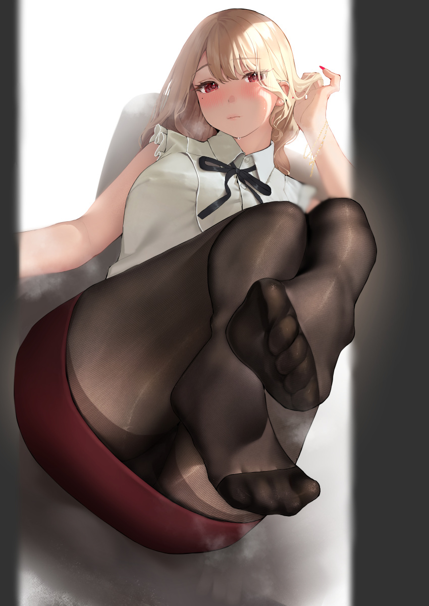 1girl absurdres barefoot black_pantyhose blonde_hair blush bracelet breasts clothes_lift clothes_pull eyelashes feet fine_fabric_emphasis foot_focus heart heart-shaped_pupils highres inushima jewelry lace_trim legs long_hair looking_at_viewer nail_polish neck_ribbon no_shoes original panties pantyhose pencil_skirt red_eyes red_nails red_skirt ribbon school_uniform shirt sitting skirt skirt_lift skirt_pull sleeveless sleeveless_shirt smell soles solo spread_toes steaming_body sweat symbol-shaped_pupils thighband_pantyhose toenail_polish toenails toes underwear uniform white_shirt