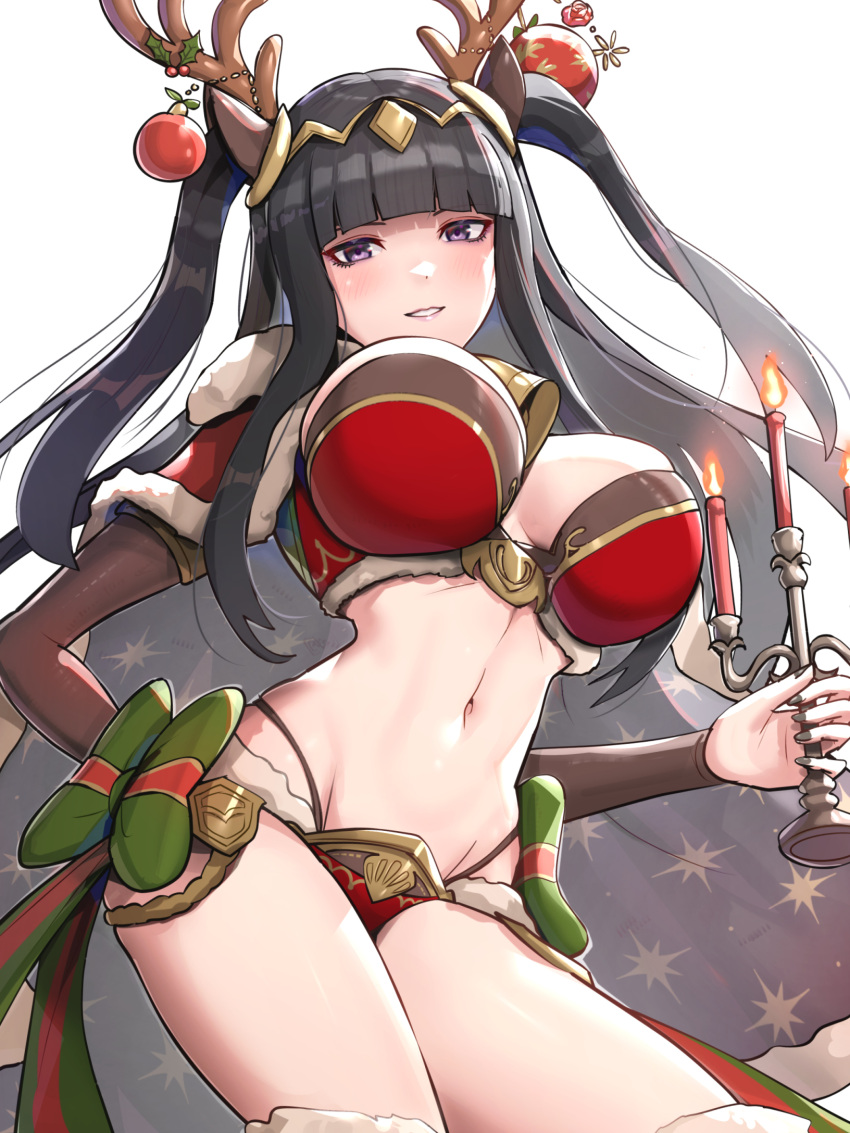 1girl antlers bikini black_hair black_nails blunt_bangs breasts candelabra candle candlestand cape christmas christmas_ornaments cleavage fake_antlers fire_emblem fire_emblem_awakening fire_emblem_heroes fur-trimmed_panties fur_cape fur_trim gonzarez green_ribbon hair_ornament highres holding holly_hair_ornament large_breasts looking_at_viewer nail_polish navel panties purple_eyes red_bikini reindeer_antlers reindeer_hair_ornament ribbon santa_bikini simple_background solo swimsuit tharja_(fire_emblem) tharja_(winter)_(fire_emblem) tiara twintails underwear white_background