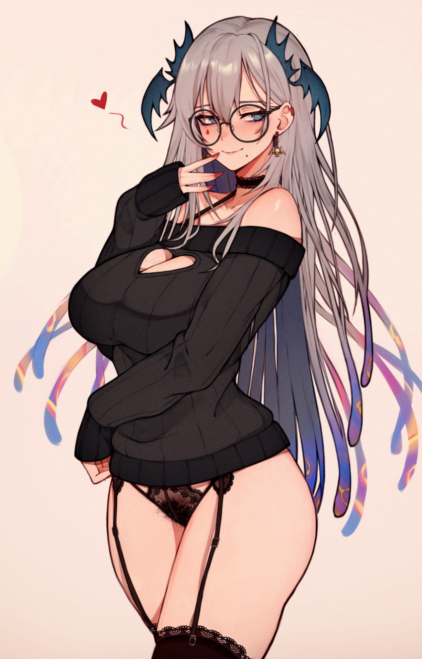 1girl blue_eyes blush breasts grey_hair hair_between_eyes head_wings highres indie_virtual_youtuber large_breasts long_hair mole mole_under_mouth pochimaru_(vtuber) smile solo thighhighs variant_set varniskarnis virtual_youtuber wings