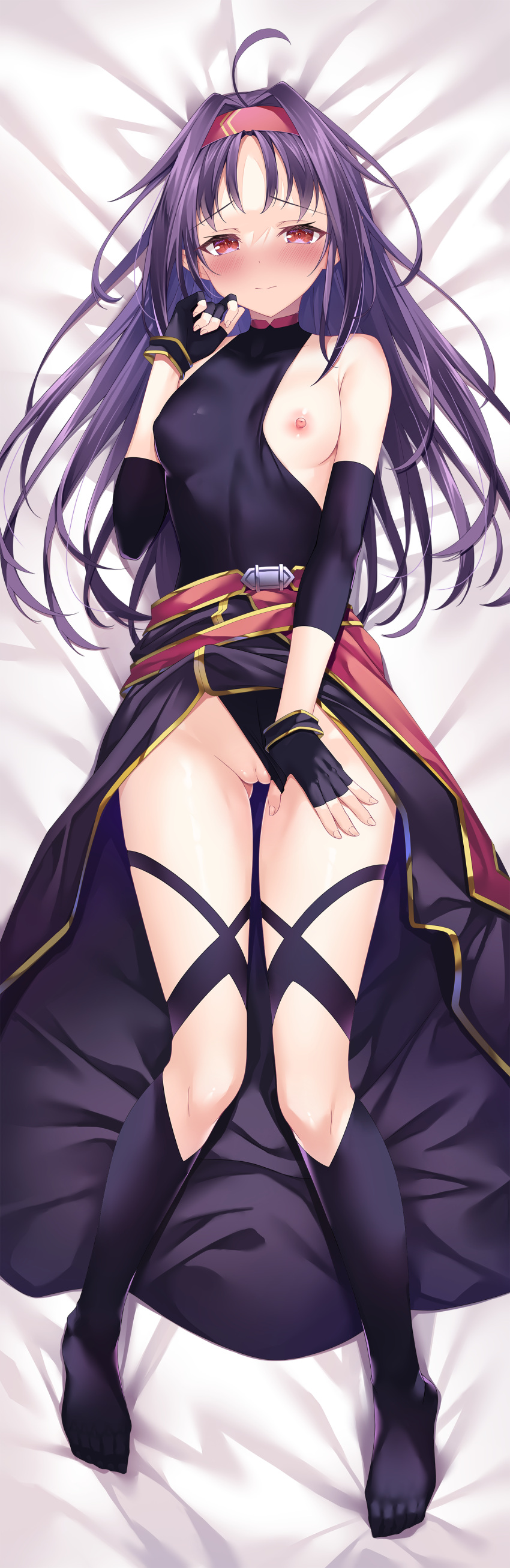 1girl absurdres ahoge ass_visible_through_thighs bare_shoulders bed_sheet blush breasts cleft_of_venus closed_mouth clothing_aside commentary_request dakimakura_(medium) detached_sleeves fairy_(sao) fingerless_gloves full_body gloves hair_intakes hairband hand_up highleg highleg_leotard highres leotard leotard_aside long_hair looking_at_viewer lying nipples no_shoes on_back purple_hair pussy red_eyes red_hairband shimo_(shimo332215) sidelocks small_breasts solo sword_art_online uncensored yuuki_(sao)