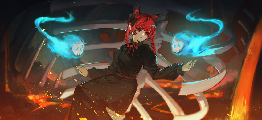 1girl animal_ear_fluff animal_ears black_bow black_dress blunt_bangs bow bowtie braid cat_ears dress embers extra_ears hair_bow hitodama kaenbyou_rin long_hair long_sleeves looking_at_creature molten_rock non-web_source official_art parted_lips pointy_ears red_bow red_bowtie red_eyes red_hair second-party_source skull smile solo spine touhou touhou_gensou_eclipse twin_braids underground watori_re