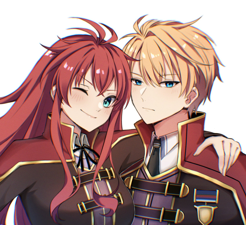 1boy 1girl altheya_nia blonde_hair blue_eyes cedric_reise_arnor chromatic_aberration closed_mouth commentary_request commission crossed_bangs eiyuu_densetsu english_commentary highres long_hair mixed-language_commentary one_eye_closed red_hair second-party_source sen_no_kiseki sen_no_kiseki_iv shirley_orlando short_hair simple_background smile upper_body white_background