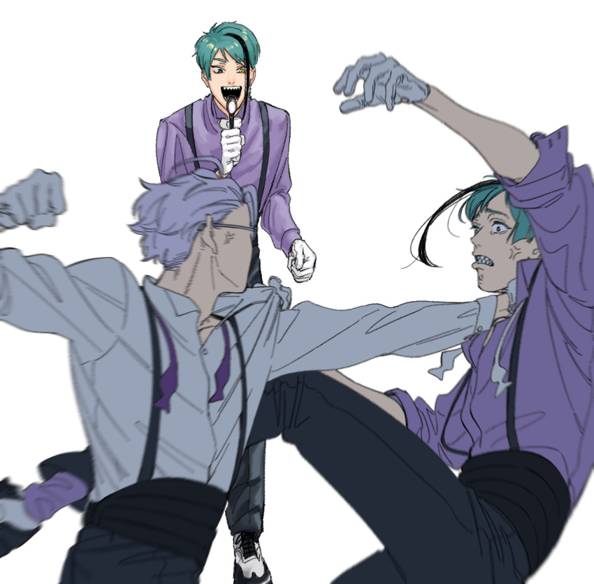 3boys anger_vein angry aqua_hair azul_ashengrotto battle black_hair black_pants bow bowtie brothers clenched_hand clenched_teeth clothes_grab collared_shirt dress_shirt duel excited floyd_leech fuse_(2sau3) glasses gloves grey_hair heterochromia highres jade_leech kicking looking_at_another male_focus microphone_wand motion_blur multicolored_hair multiple_boys neck_grab open_mouth outstretched_arms pants punching purple_shirt purple_socks shirt shirt_tucked_in shoes siblings simple_background sleeves_rolled_up sneakers socks streaked_hair suspenders teeth twins twisted_wonderland undone_bowtie white_background white_footwear white_gloves white_shirt yellow_eyes