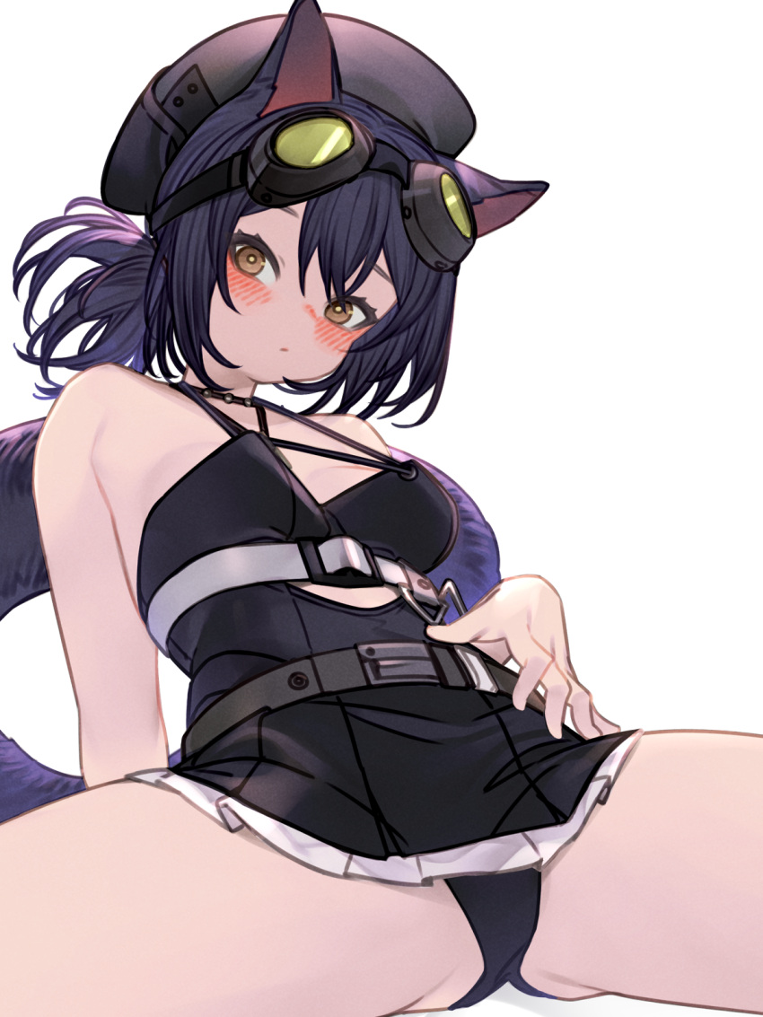 1girl animal_ears arknights black_bra black_headwear black_panties black_skirt blush bra breasts brown_eyes cat_ears cat_girl cat_tail goggles goggles_on_head hat highres kochiya_(gothope) looking_at_viewer panties rockrock_(arknights) short_ponytail simple_background skirt small_breasts solo spread_legs tail thighs underwear upskirt white_background