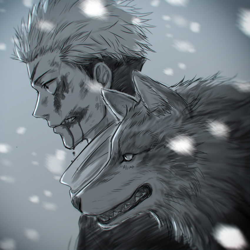 1boy animal blood blood_from_mouth blood_on_face closed_mouth greyscale highres hood hood_down itadori_yuuji jujutsu_kaisen male_focus monochrome profile short_hair snow solo t_sirius1020 teeth undercut upper_body wolf