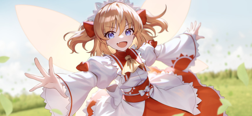 :d ascot back_bow blonde_hair blue_eyes blurry blurry_background blush bow cloud day fairy_wings fang grass hair_between_eyes hair_bow long_sleeves looking_at_viewer medium_hair non-web_source official_art open_mouth outstretched_arms red_bow red_skirt second-party_source shirt short_twintails skin_fang skirt sky smile sunny_milk touhou touhou_gensou_eclipse tree twintails u_u_zan white_bow white_shirt wide_sleeves wings yellow_ascot