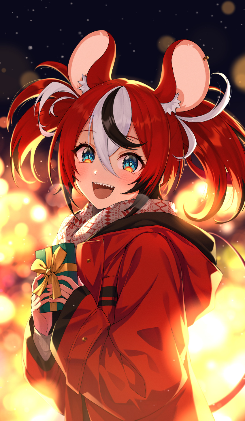 1girl absurdres animal_ears blue_eyes coat commentary corsetman gift hakos_baelz highres holding holding_gift hololive hololive_english mouse_ears mouse_tail multicolored_hair night red_hair scarf sharp_teeth streaked_hair tail teeth twintails virtual_youtuber winter_clothes winter_coat