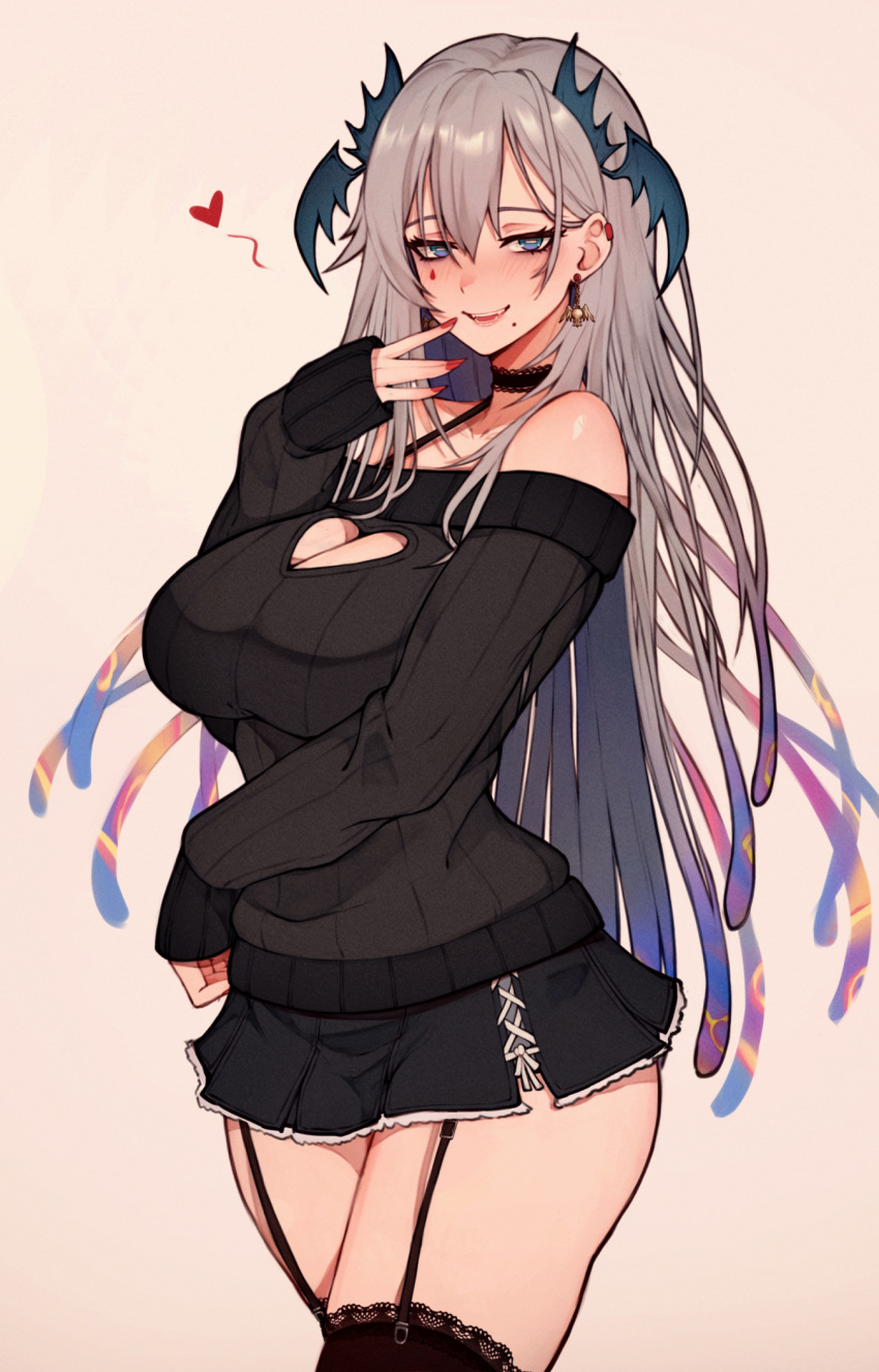 1girl blue_eyes blush breasts grey_hair hair_between_eyes head_wings highres indie_virtual_youtuber large_breasts long_hair mole mole_under_mouth pochimaru_(vtuber) smile solo thighhighs variant_set varniskarnis virtual_youtuber wings