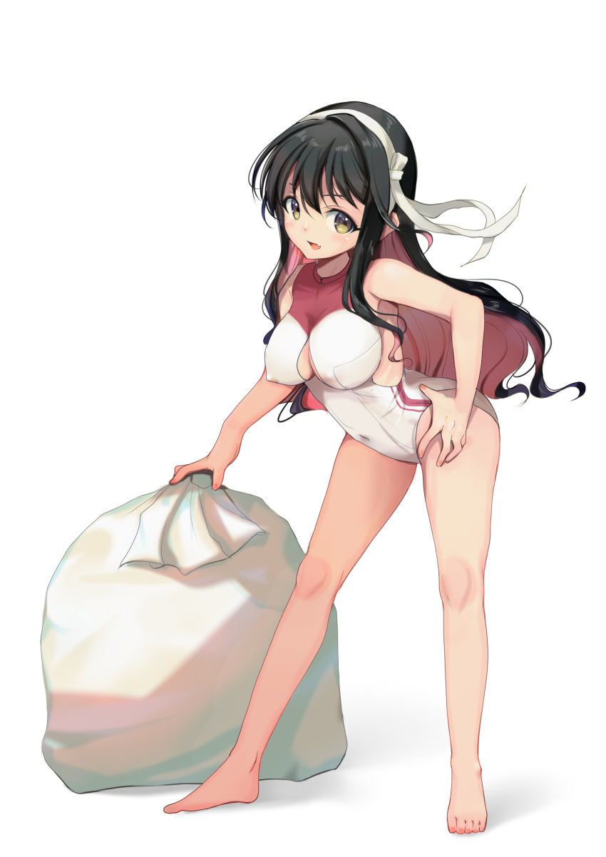 1girl absurdres alternate_costume black_hair black_pantyhose blush bow bowtie breasts capelet christmas cleavage dress fang hairband hat highres kantai_collection large_breasts long_hair looking_at_viewer multicolored_hair naganami_(kancolle) one-piece_swimsuit open_mouth pantyhose pink_hair red_dress sack santa_hat smile solo swimsuit two-tone_hair wavy_hair white_hairband white_one-piece_swimsuit yashin_(yasinz) yellow_eyes