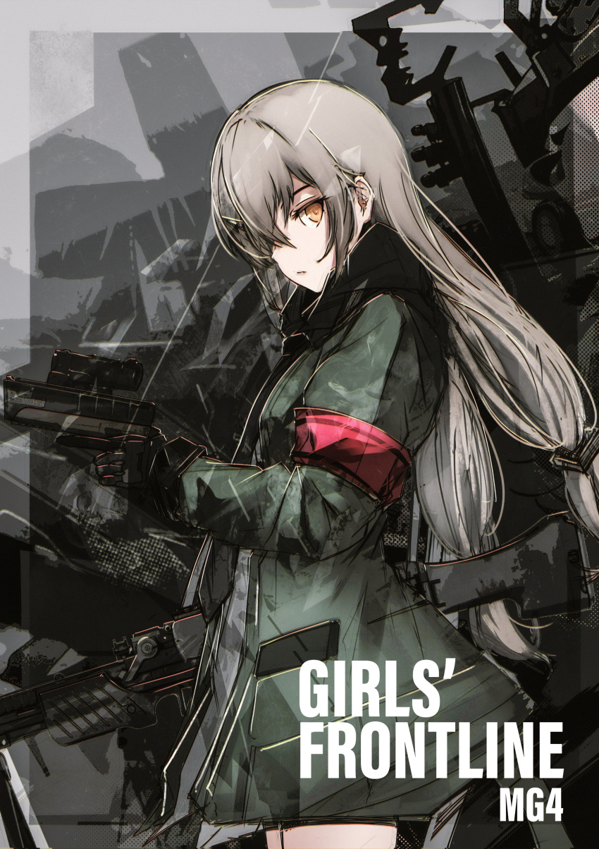 1girl absurdres character_name copyright_name cowboy_shot from_side girls'_frontline green_jacket grey_hair gun h&amp;k_mg4 hair_between_eyes handgun highres holding holding_gun holding_weapon jacket light_machine_gun long_hair looking_at_viewer looking_to_the_side machine_gun mg4_(girls'_frontline) mg4_(mod3)_(girls'_frontline) solo tactical_clothes tfnfe_sach weapon