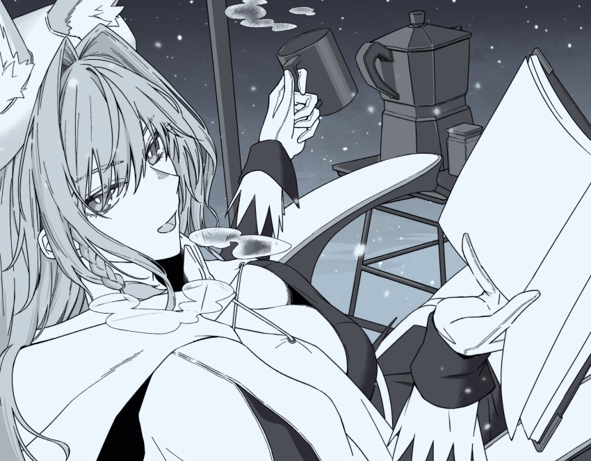 1girl animal_ears arknights book braid breasts chair cleavage cup dress extra_ears gloves greyscale hair_between_eyes highres holding holding_cup kettle kyoro_(kyoroillust) large_breasts looking_at_viewer looking_back monochrome mug official_alternate_costume open_book outdoors pozyomka_(arknights) pozyomka_(snowy_plains_in_words)_(arknights) sitting snow solo steam wolf_ears wolf_girl