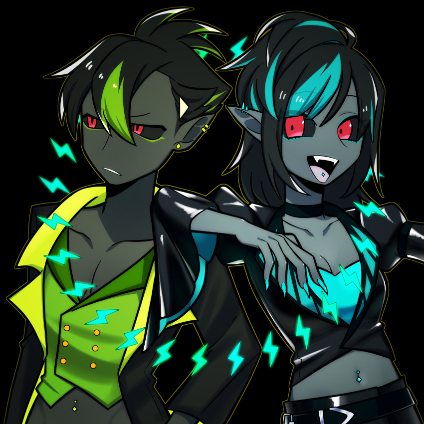 1boy 1girl arm_on_another's_shoulder astalos belt black_background black_belt black_coat black_hair black_jacket black_pants black_sclera black_skin black_skirt blue_eyeliner blue_hair blue_nails boltreaver_astalos breasts brother_and_sister choker cleavage_cutout closed_mouth clothing_cutout coat colored_sclera colored_skin ear_piercing earrings eyeliner fangs frown green_eyeliner green_hair green_vest grey_skin highres jacket jewelry leather leather_jacket leather_skirt lightning_bolt_symbol long_sleeves looking_at_viewer looking_to_the_side makeup medium_breasts monster_hunter_(series) monster_hunter_xx multicolored_hair navel_cutout navel_piercing open_mouth pants personification piercing pointy_ears red_eyes ribbon_choker siblings skirt smile strapless stud_earrings tongue_piercing tube_top two-tone_hair user_ttug5452 vest