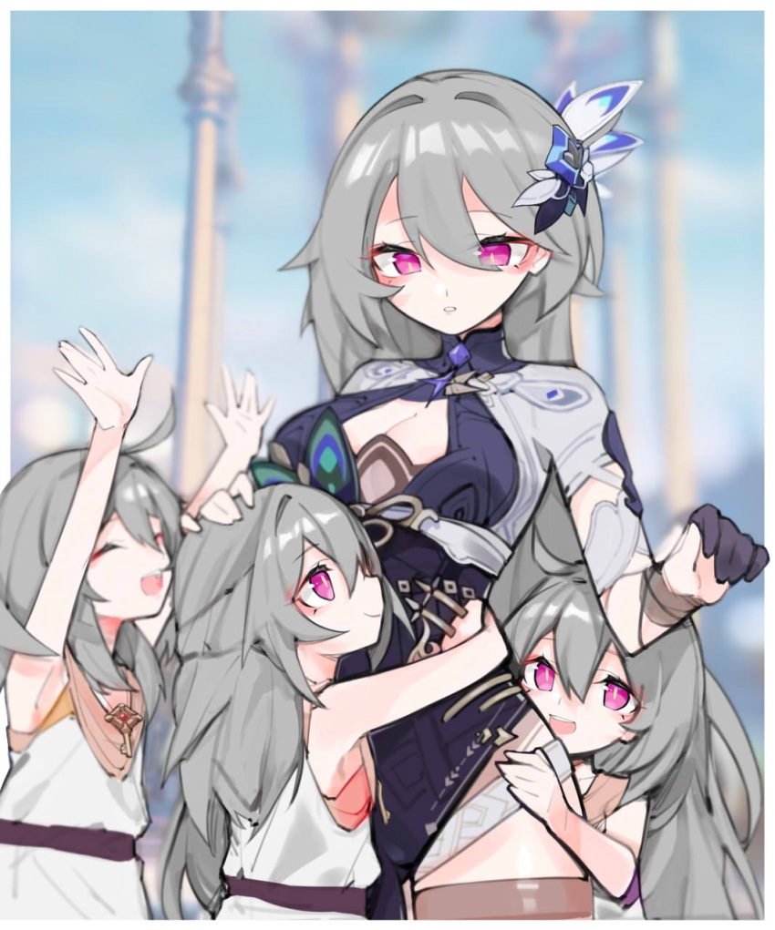 4girls arms_up bare_arms black_gloves blurry blurry_background breasts cleavage closed_eyes closed_mouth dress error1980 gloves grey_hair hair_between_eyes hair_ornament hand_on_another's_head highres honkai_(series) honkai_impact_3rd hug large_breasts long_hair looking_at_another multiple_girls open_mouth pink_eyes smile teeth upper_teeth_only vita_(honkai_impact) vita_(young)_(honkai_impact) white_dress