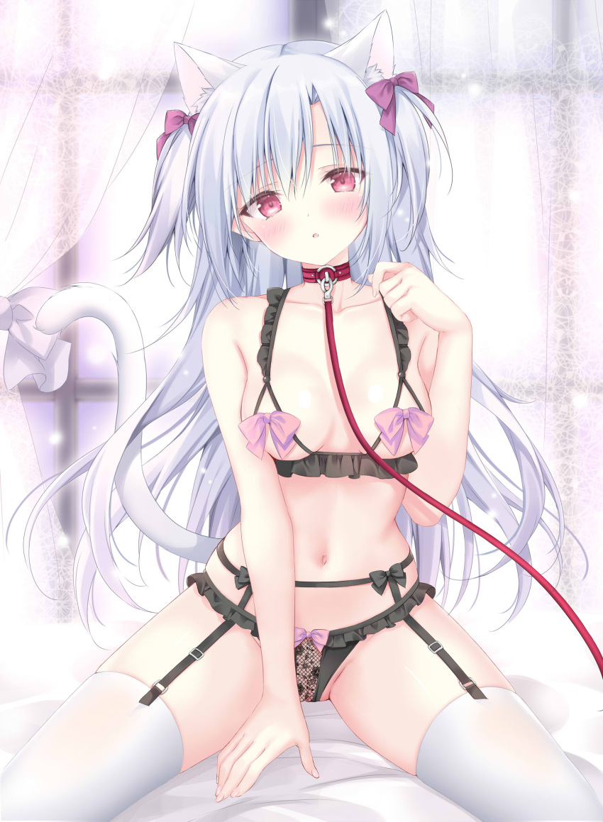 1girl :o absurdres animal_ear_fluff animal_ears bare_arms bare_shoulders black_bra black_panties blurry blurry_background blush bow bow_bra bow_panties bra breasts cat_ears cat_girl cat_tail collarbone commentary_request curtains depth_of_field frilled_bra frilled_panties frills garter_belt grey_hair hair_between_eyes hair_bow hand_up highres korie_riko long_hair looking_at_viewer medium_breasts nippleless_clothes original panties parted_bangs parted_lips pink_bow purple_bow red_eyes solo tail thighhighs transparent two_side_up underwear very_long_hair white_thighhighs window